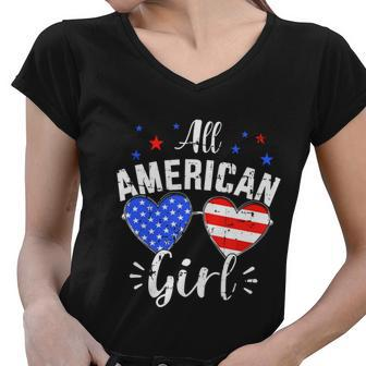 All American 4Th Of July Girl With Sunglasses And Us Flag Women V-Neck T-Shirt - Monsterry AU