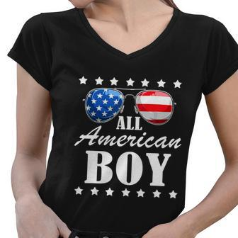 All American Boy Us Flag Sunglasses For Matching 4Th Of July Women V-Neck T-Shirt - Monsterry