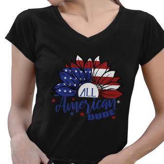 All American Dude Sunflower American Flag 4Th Of July Women V-Neck T-Shirt - Monsterry