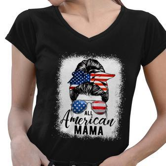 All American Mama Proud Mom Messy Bun Patriotic 4Th Of July Women V-Neck T-Shirt - Monsterry