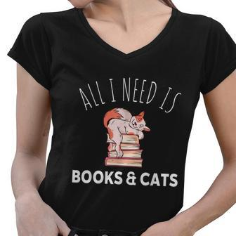 All I Need Is Books And Cats Bookworm Cat Reading Graphic Design Printed Casual Daily Basic Women V-Neck T-Shirt - Thegiftio