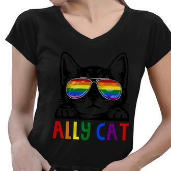 Ally Cat Lgbt Gay Rainbow Pride Flag Pride Month Women V-Neck T-Shirt - Monsterry AU