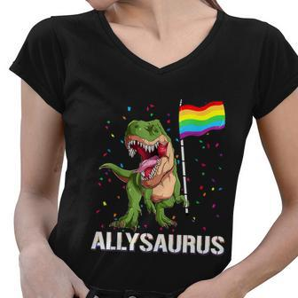 Allysaurus Dinosaur In Rainbow Flag For Ally Lgbt Pride Women V-Neck T-Shirt - Monsterry