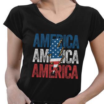 America Cheetah Leopard Lightning Bolt 4Th Of July V2 Women V-Neck T-Shirt - Monsterry DE