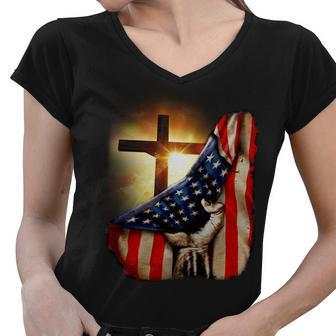 American Christian Cross Patriotic Flag Tshirt Women V-Neck T-Shirt - Monsterry DE