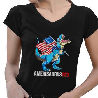 American Flag Funny 4Th Of July T Rex Dinosaur Women V-Neck T-Shirt - Monsterry