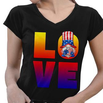 American Flag Gnome Shows Love Patriotic Heart 4Th Of July Gift Women V-Neck T-Shirt - Monsterry CA