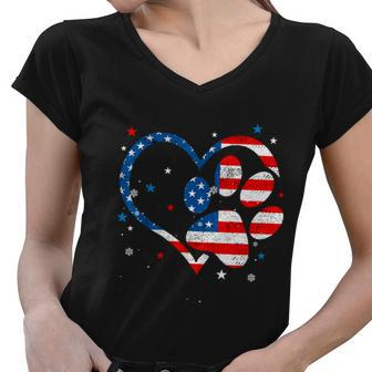 American Flag Patriotic Dog & Cat Paw Print 4Th Of July Women V-Neck T-Shirt - Monsterry