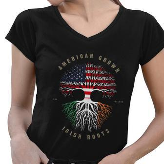American Grown Irish Roots Ireland Flag Women V-Neck T-Shirt - Monsterry