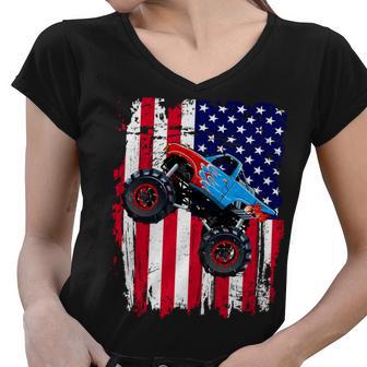 American Monster Truck Flag Tshirt Women V-Neck T-Shirt - Monsterry UK