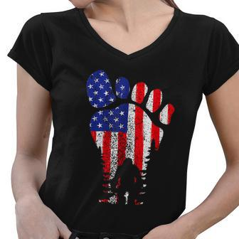 American Usa Flag Bigfoot Sasquatch Patriotic 4Th Of July Women V-Neck T-Shirt - Monsterry CA