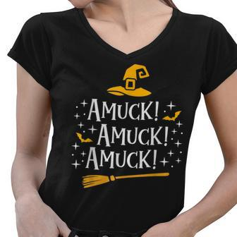 Amuck Amuck Amuck T Broom Bats Hat Halloween Sisters Women V-Neck T-Shirt - Seseable
