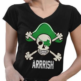 Arrrish Irish Clover Skull St Patricks Day Women V-Neck T-Shirt - Monsterry