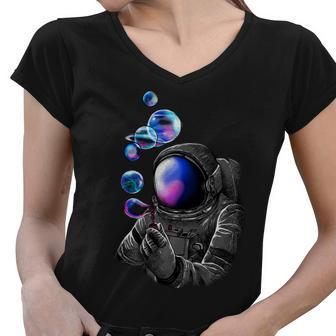Astronaut Blowing Space Bubbles Women V-Neck T-Shirt - Monsterry
