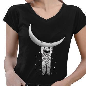 Astronaut Hanging From The Moon Women V-Neck T-Shirt - Monsterry UK