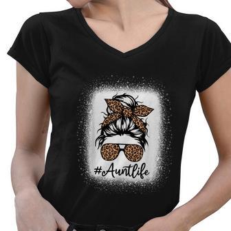 Aunt Life Leopard Messy Bun Aunt Life Bleached Christmas T Women V-Neck T-Shirt - Monsterry