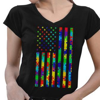 Autism Awareness Colorful Puzzle Flag Women V-Neck T-Shirt - Monsterry UK
