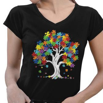 Autism Awareness Puzzle Piece Tree Women V-Neck T-Shirt - Monsterry UK