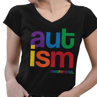 Autism Awareness Rainbow Letters Tshirt Women V-Neck T-Shirt - Monsterry