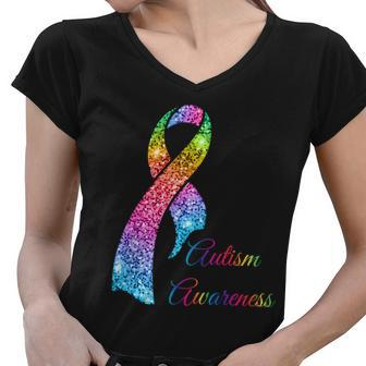 Autism Awareness Sparkle Glitter Ribbon Tshirt Women V-Neck T-Shirt - Monsterry