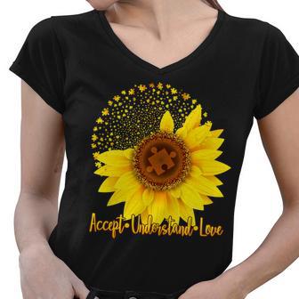 Autism Awareness Sunflower Puzzle Women V-Neck T-Shirt - Monsterry UK