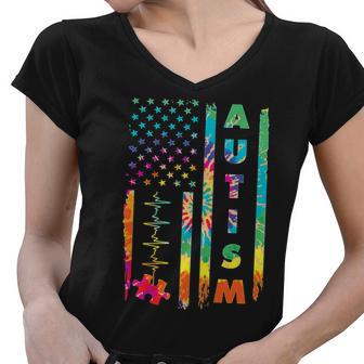 Autism Tie Dye Us Flag Colorful Women V-Neck T-Shirt - Monsterry CA