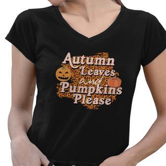 Autumn Leaves And Pumpkins Please Leopard Fall Women V-Neck T-Shirt - Seseable