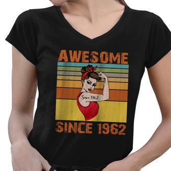 Awesome Since 1962 60Th Birthday Messy Bun Women V-Neck T-Shirt - Monsterry