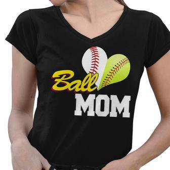 Ball Mom Heart Baseball Fan Women V-Neck T-Shirt - Monsterry