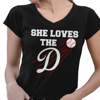 Baseball She Loves The D Los Angeles Tshirt Women V-Neck T-Shirt - Monsterry