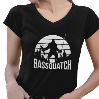 Bassquatch Funny Fishing Fisherman Fishing Rod Women V-Neck T-Shirt - Monsterry AU