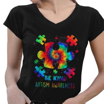Be Kind Puzzle Pieces Tie Dye Cute Autism Awareness Women V-Neck T-Shirt - Monsterry DE