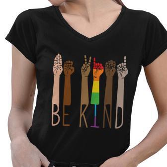 Be Kind Sign Language Rainbow Pride Month Lgbt Women V-Neck T-Shirt - Monsterry DE