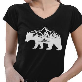 Bear Mountains With Deer Family Nature Fan Women V-Neck T-Shirt - Monsterry AU