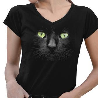 Beautiful Black Cat Face Big Green Eyes Cool Halloween Cats Women V-Neck T-Shirt - Seseable