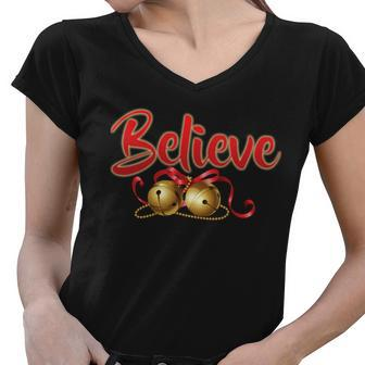 Believe In Christmas Jingle Bells Tshirt Women V-Neck T-Shirt - Monsterry