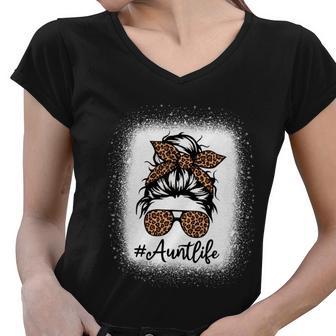 Best Aunt Life Messy Bun Leopard Bleached Auntie Mothers Day Great Gift Women V-Neck T-Shirt - Monsterry AU