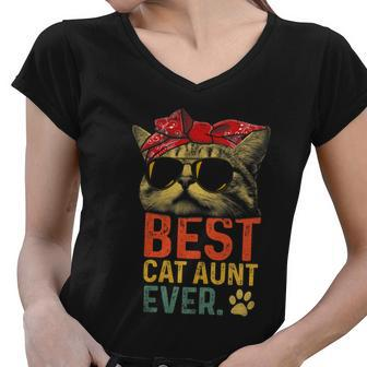 Best Cat Aunt Ever Vintage Cat Lover Cool Sunglasses Funny Women V-Neck T-Shirt - Monsterry DE