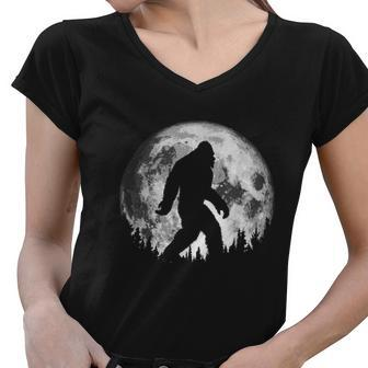Bigfoot Night Stroll Cool Full Moon & Trees Sasquatch Women V-Neck T-Shirt - Monsterry