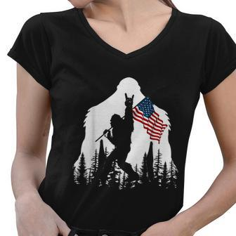 Bigfoot Rock On Hold American Flag Sasquatch Believers Women V-Neck T-Shirt - Monsterry AU
