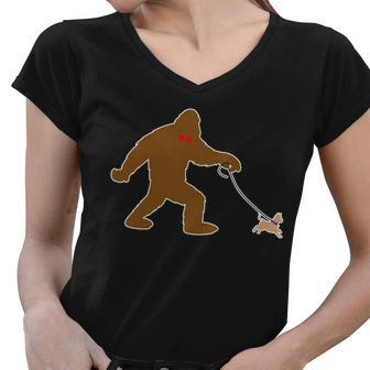 Bigfoot Walking Chihuahua Dog Women V-Neck T-Shirt - Monsterry