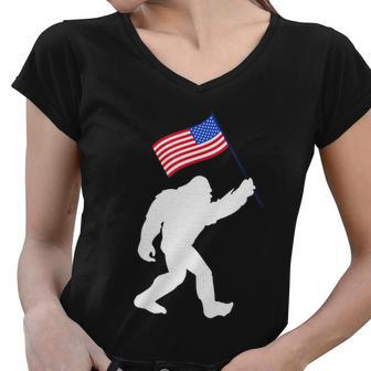 Bigfoot With American Flag Funny 4Th Of July Meaningful Gift Women V-Neck T-Shirt - Monsterry CA