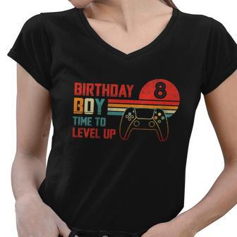Birthday Gamer Apparel Collectionskids Birthday Boy 8 Time To Level Up Vintage Women V-Neck T-Shirt - Monsterry