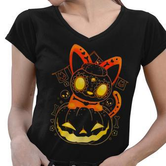 Black Cat Face Halloween Costume Women V-Neck T-Shirt - Seseable