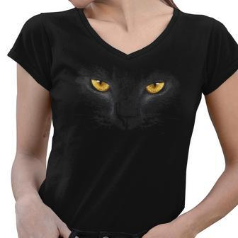 Black Cat Face Yellow Eyes Funny Cat Halloween Costume Gifts Women V-Neck T-Shirt - Thegiftio UK
