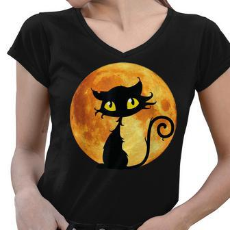 Black Cat Full Moon Halloween Cool Funny Ideas For Holidays Women V-Neck T-Shirt - Seseable