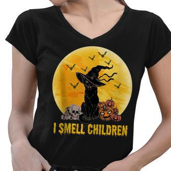 Black Cat Halloween I Smell Children Witch Witches Kitten Women V-Neck T-Shirt - Seseable