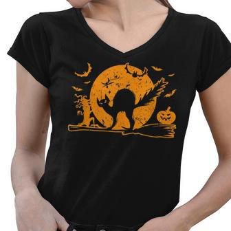 Black Cat Halloween Pet Lover Scary Funny Women V-Neck T-Shirt - Seseable