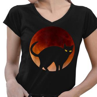 Black Cat Red Blood Silhouette Moon Pet Mom Dad Halloween Women V-Neck T-Shirt - Seseable