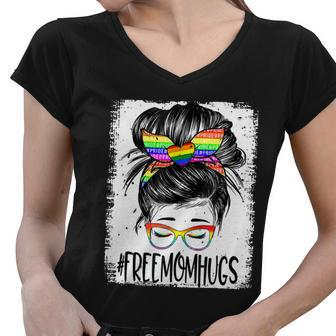 Bleached Free Mom Hugs Messy Bun Lgbt Pride Rainbow Gift Women V-Neck T-Shirt - Monsterry DE